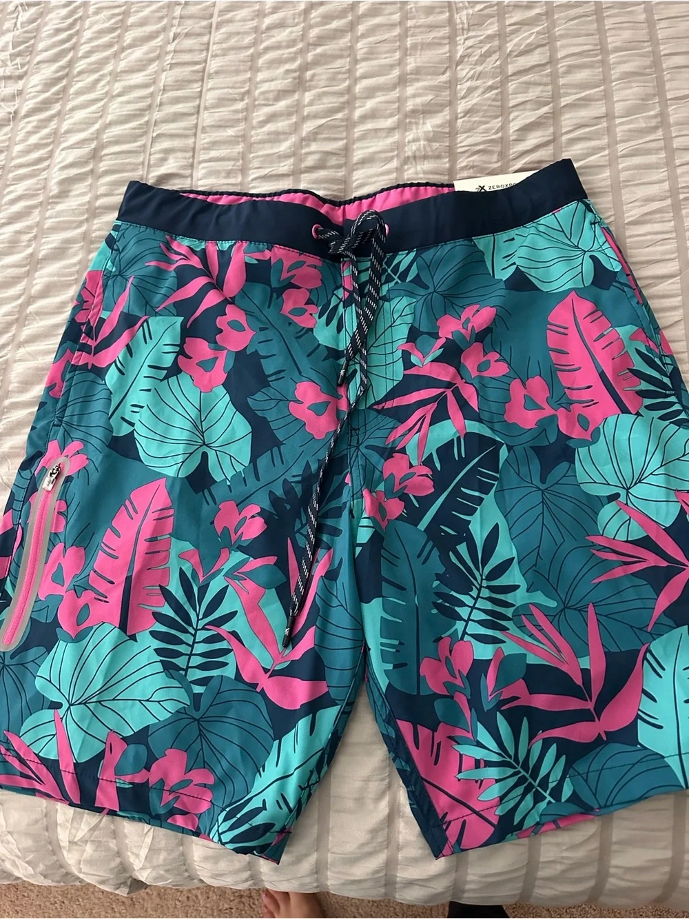 ZeroXposur Tropical Leaf Swim Shorts - Teal & Pink